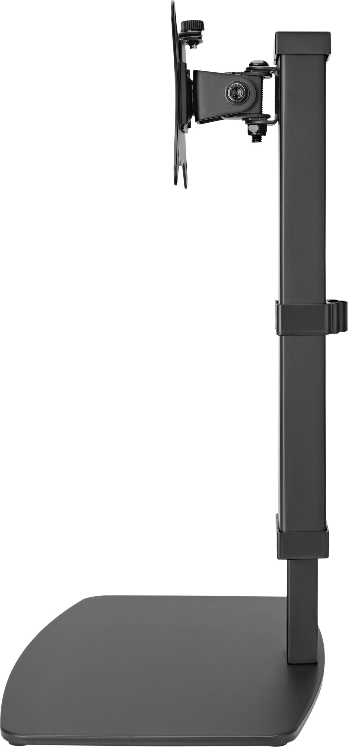 Support de moniteur en métal, vue latérale. Support réglable pour écrans, base stable et bras de support vertical. Idéal pour l'adaptation ergonomique du poste de travail.