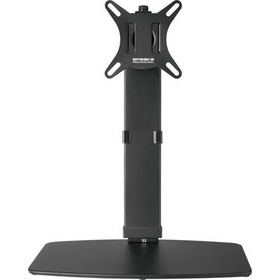 Un support TV noir réglable en hauteur avec base plate, adapté aux moniteurs. Marque 'Speaka Professional'.