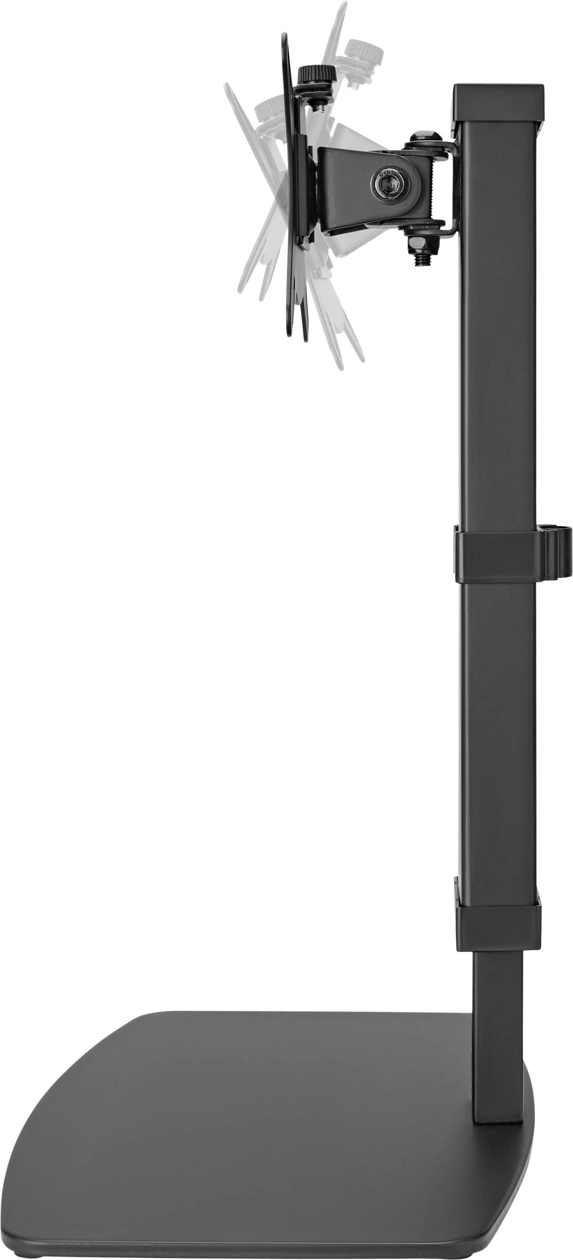 Un support de moniteur réglable vu de côté. Il illustre les fonctions d'inclinaison et de rotation pour un positionnement flexible de l'écran.