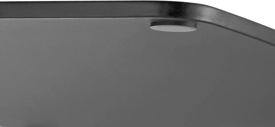 Patte de table grise, rectangulaire, aux bords arrondis avec une vis apparente en haut.