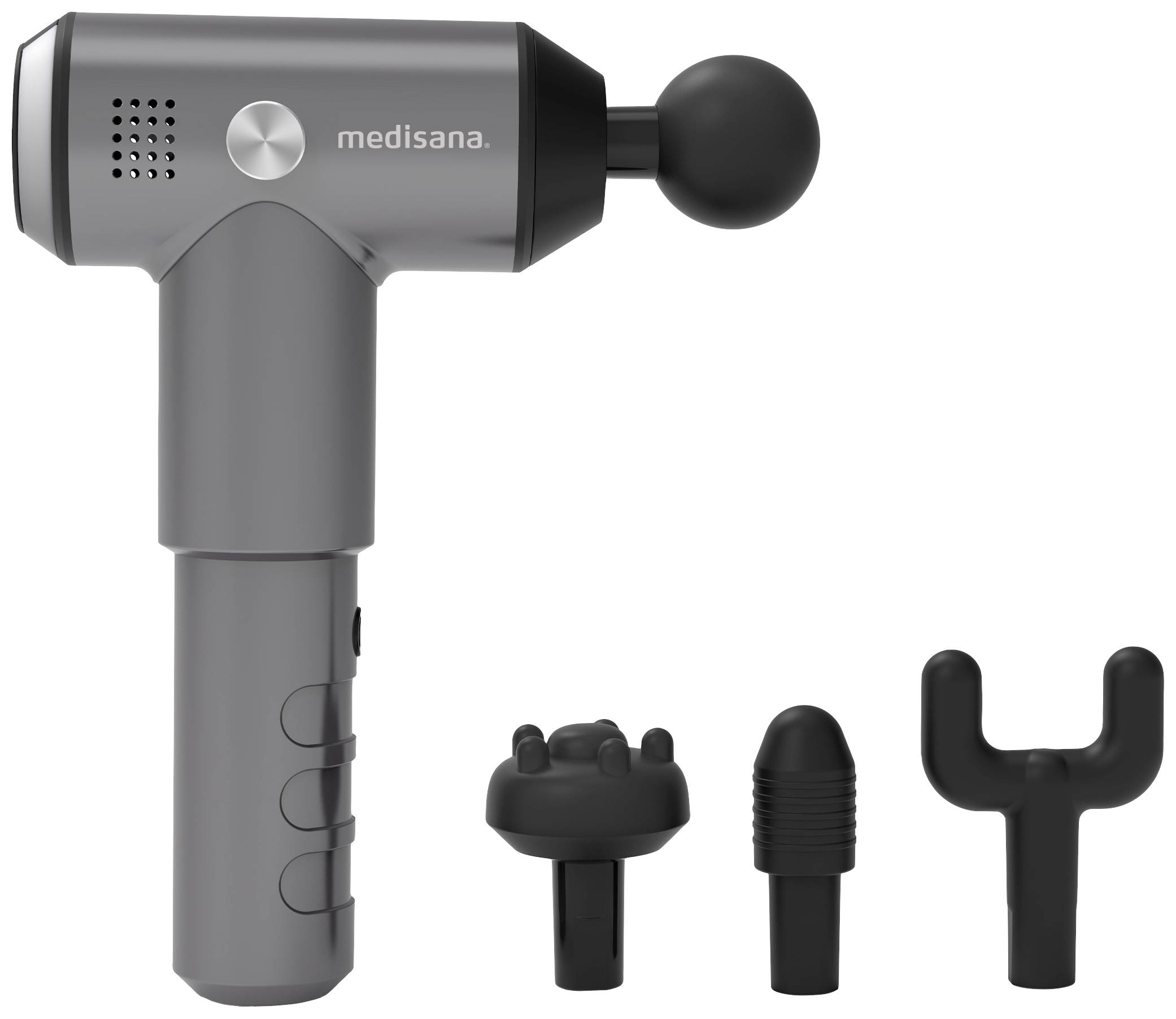 Appareil de massage gris avec quatre embouts différents pour une détente ciblée et un massage musculaire.