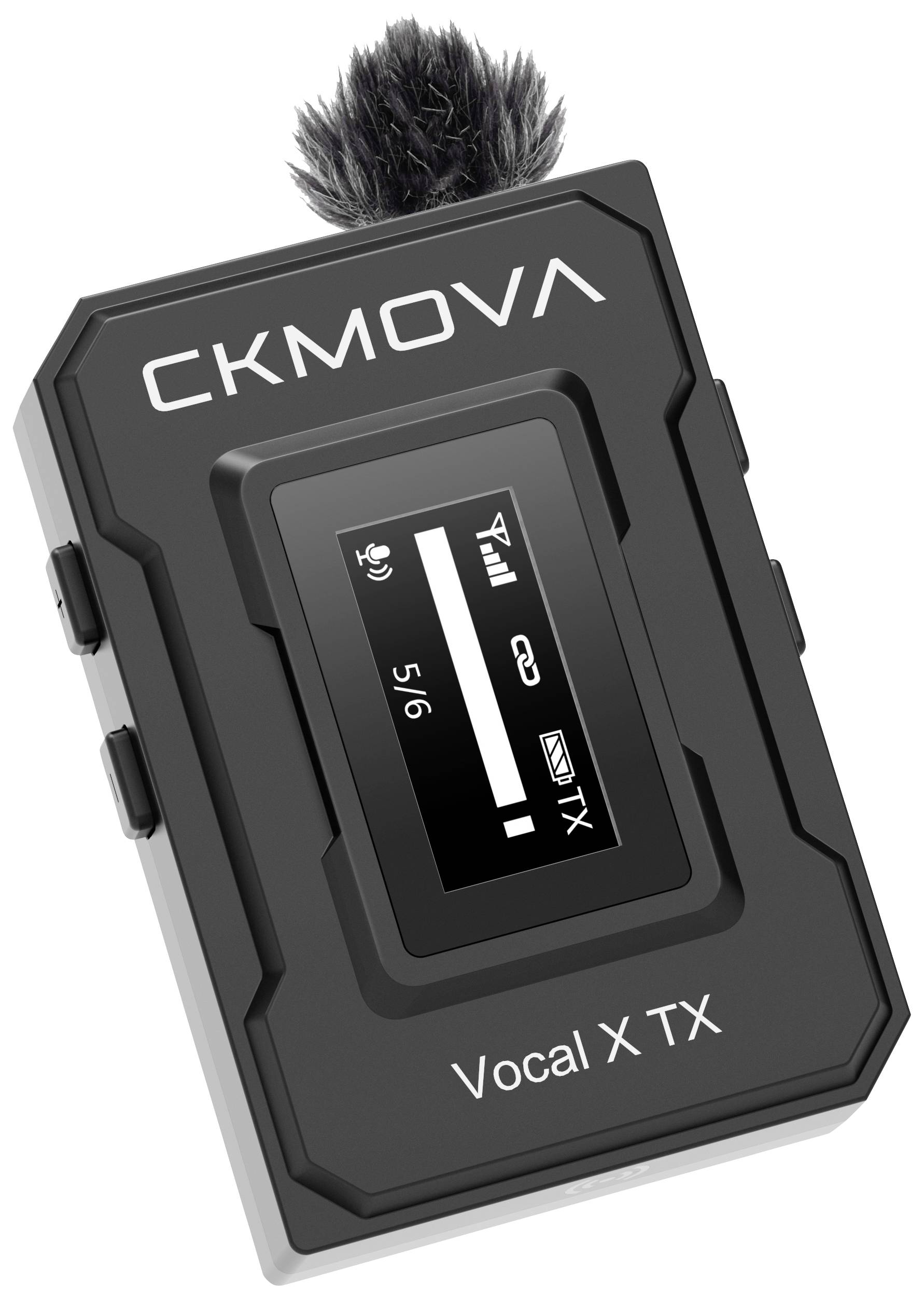 Émetteur portable de la marque CKMOVA avec un affichage numérique indiquant le niveau de batterie et la force du signal. Boîtier noir.