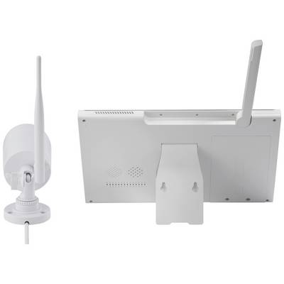 Une caméra de surveillance blanche sans fil et un écran avec des antennes, probablement un composant d'un système de sécurité.