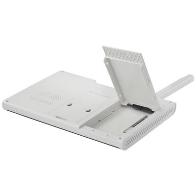 Un boîtier blanc en plastique avec un couvercle ouvert montrant des emplacements pour des composants électroniques. Un manche est visible en haut à droite.