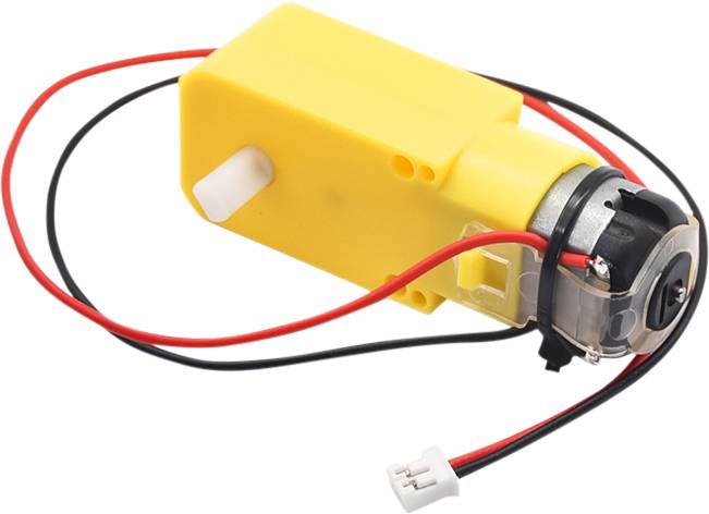 Un moteur électrique jaune avec deux fils (rouge et noir) et un adaptateur en plastique blanc à engrenages, couramment utilisé en robotique.