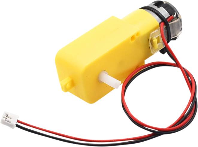 Moteur électrique jaune avec boîtier noir, câble rouge et noir, ainsi qu'une fiche blanche. Adapté pour les jouets ou les petits appareils.