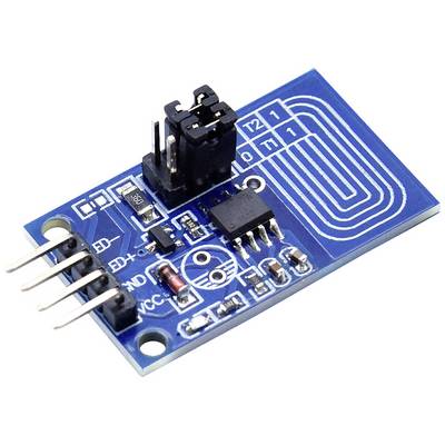 Module électronique avec carte de circuit imprimé bleue, plusieurs broches, une puce microélectronique et des pistes conductrices. Adapté aux applications de capteurs.