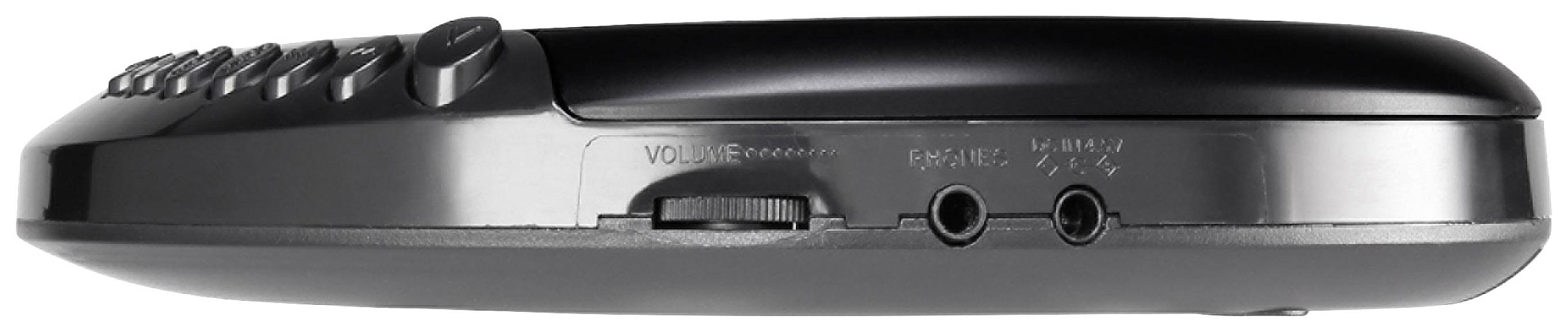 Un poste de radio portable noir avec des boutons rotatifs et des connexions sur le côté.