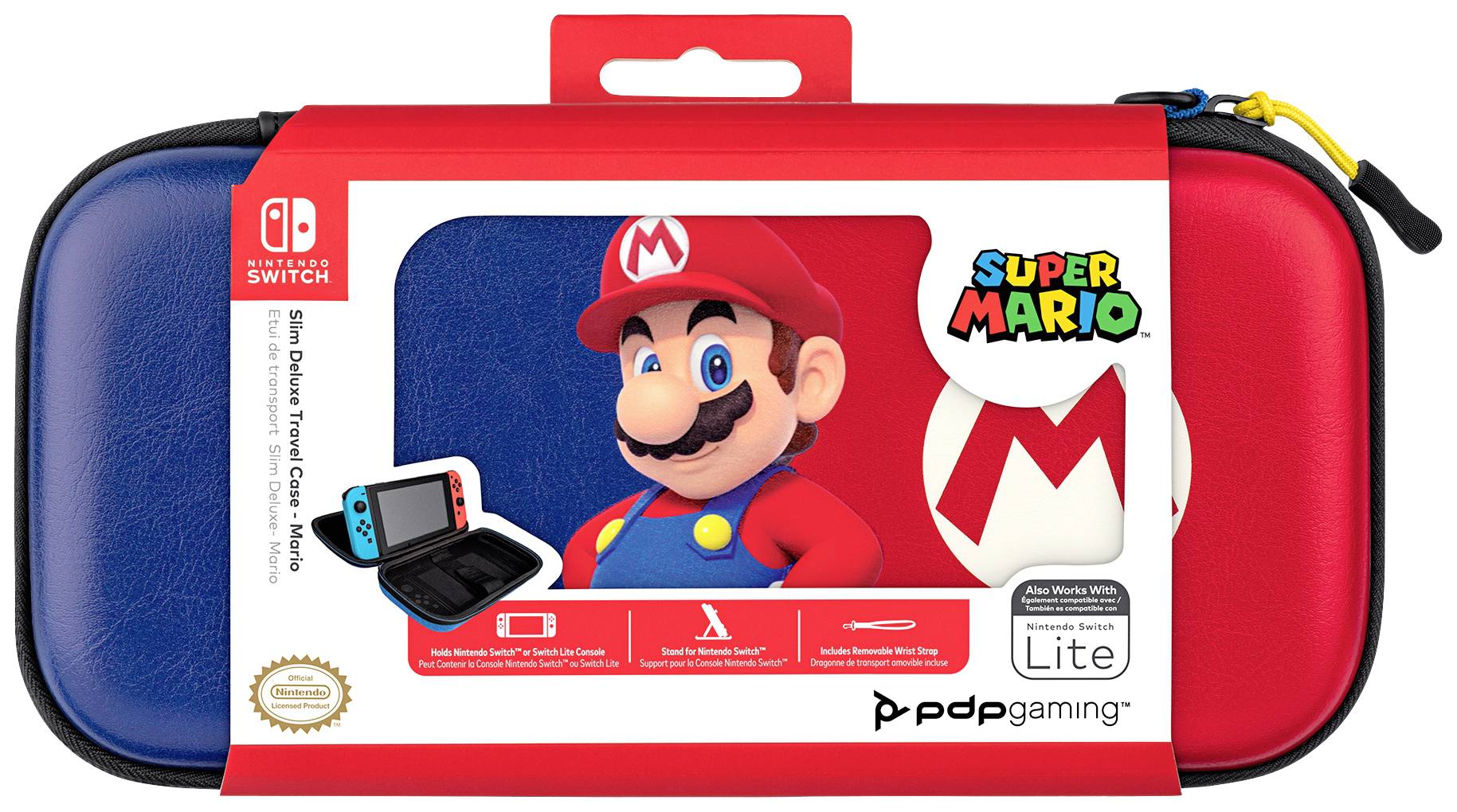 Sacoche de transport Nintendo Switch avec design 'Super Mario' en bleu et rouge, présentant une image et un logo 'Super Mario' sur l'emballage.