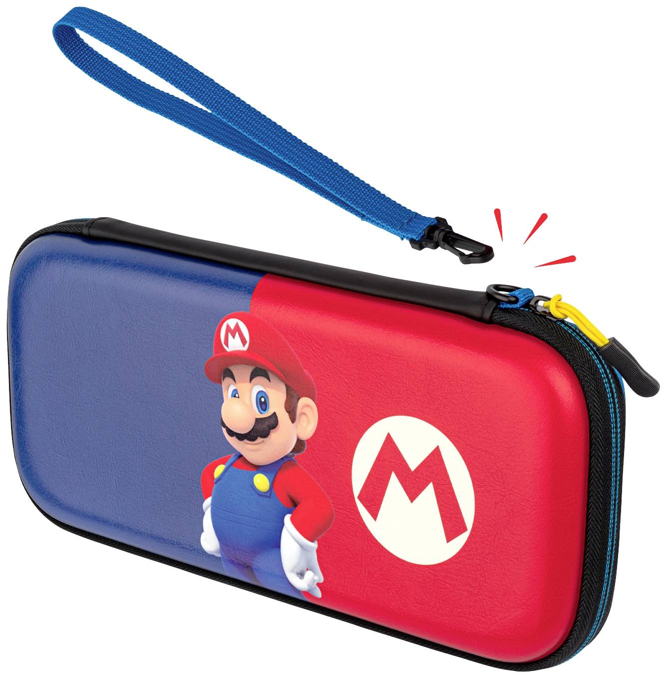 Pochette Nintendo Switch en bleu et rouge avec illustration et logo de 'Mario', fermeture à glissière en haut, boucle de transport sur le côté.