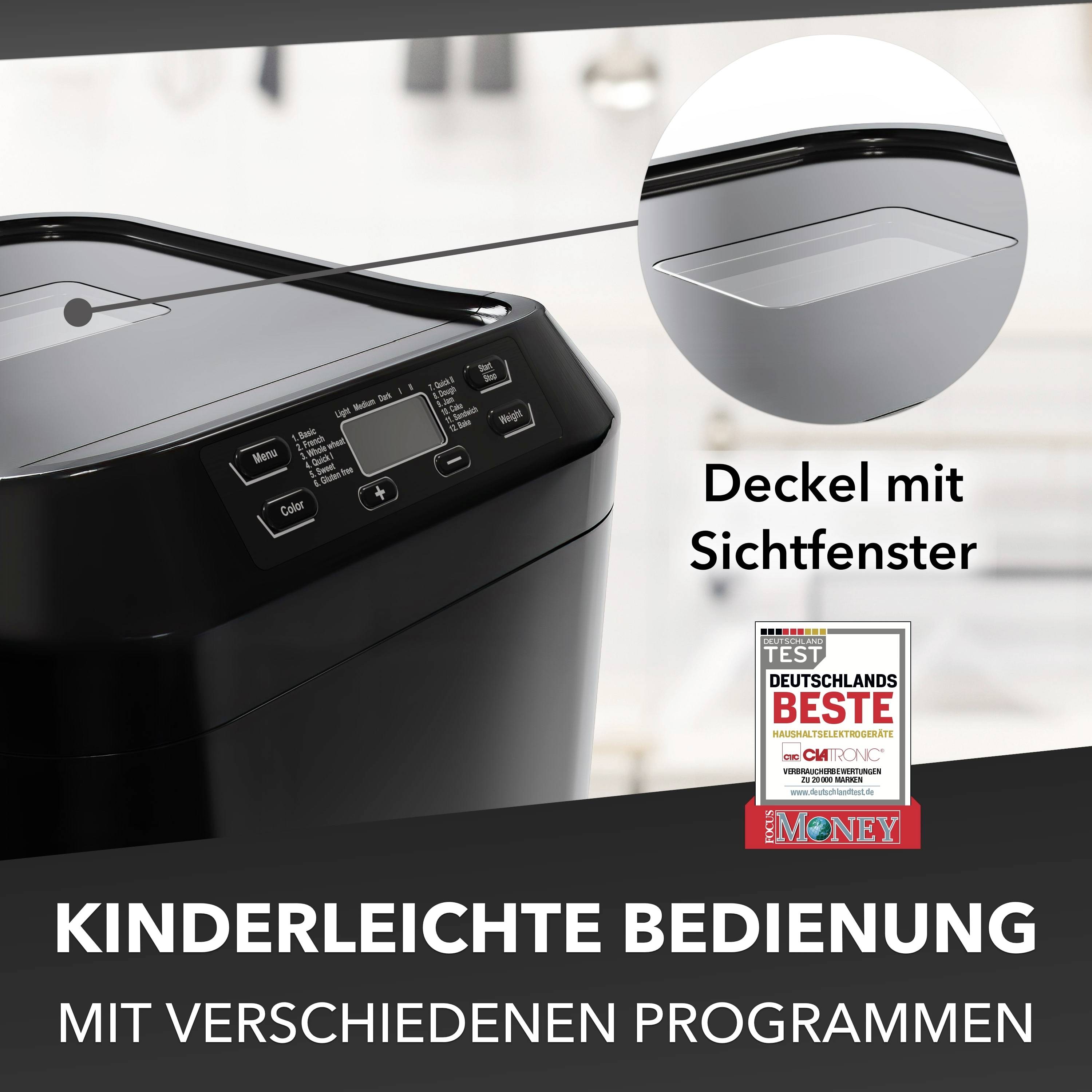 Utilisation facile avec différents programmes. Détails d'un appareil avec un couvercle et une fenêtre transparente, primé comme 'Le Meilleur d'Allemagne'.