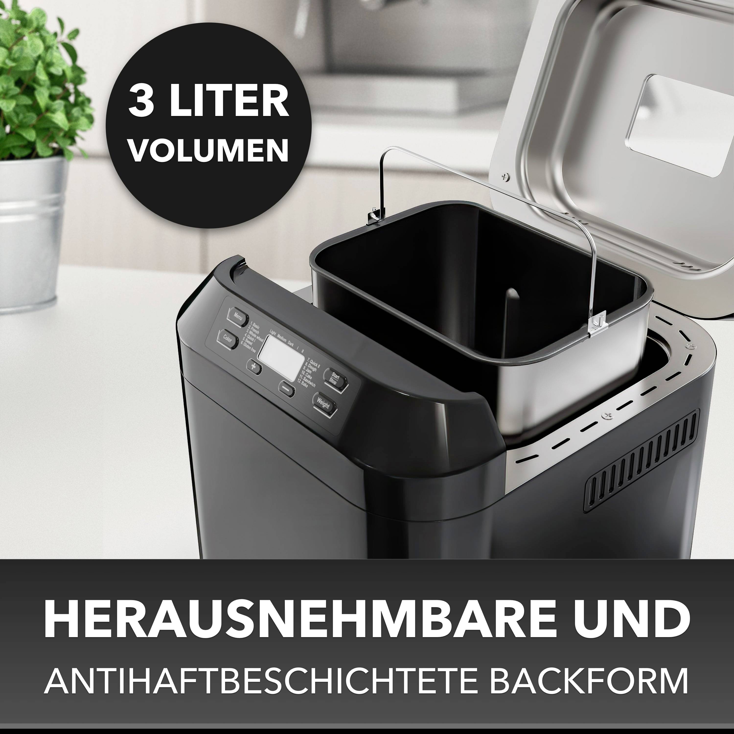 Appareil noir avec un moule amovible anti-adhésif, ouvert. Texte : '3 litres de volume, moule amovible et anti-adhésif'.