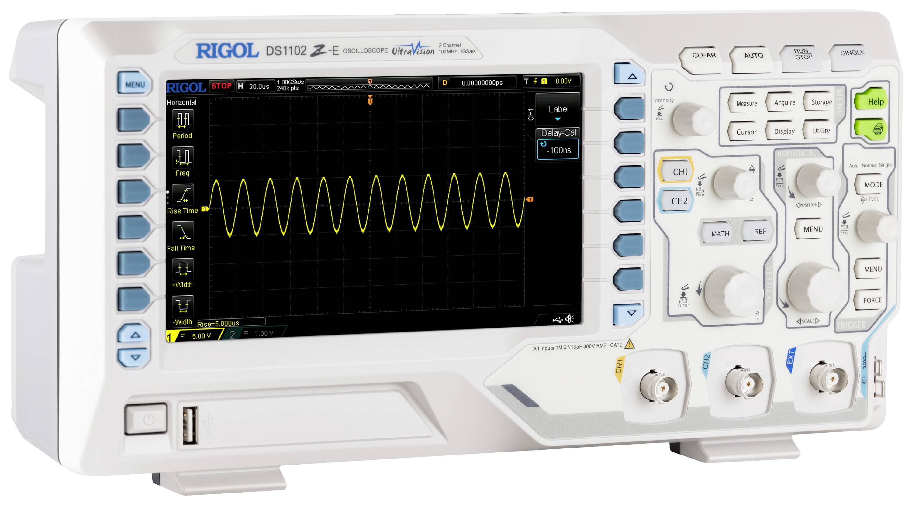 Un oscilloscope numérique affiche une onde sinusoïdale sur l'écran. Il présente plusieurs touches de commande et boutons rotatifs pour ajuster l'affichage.