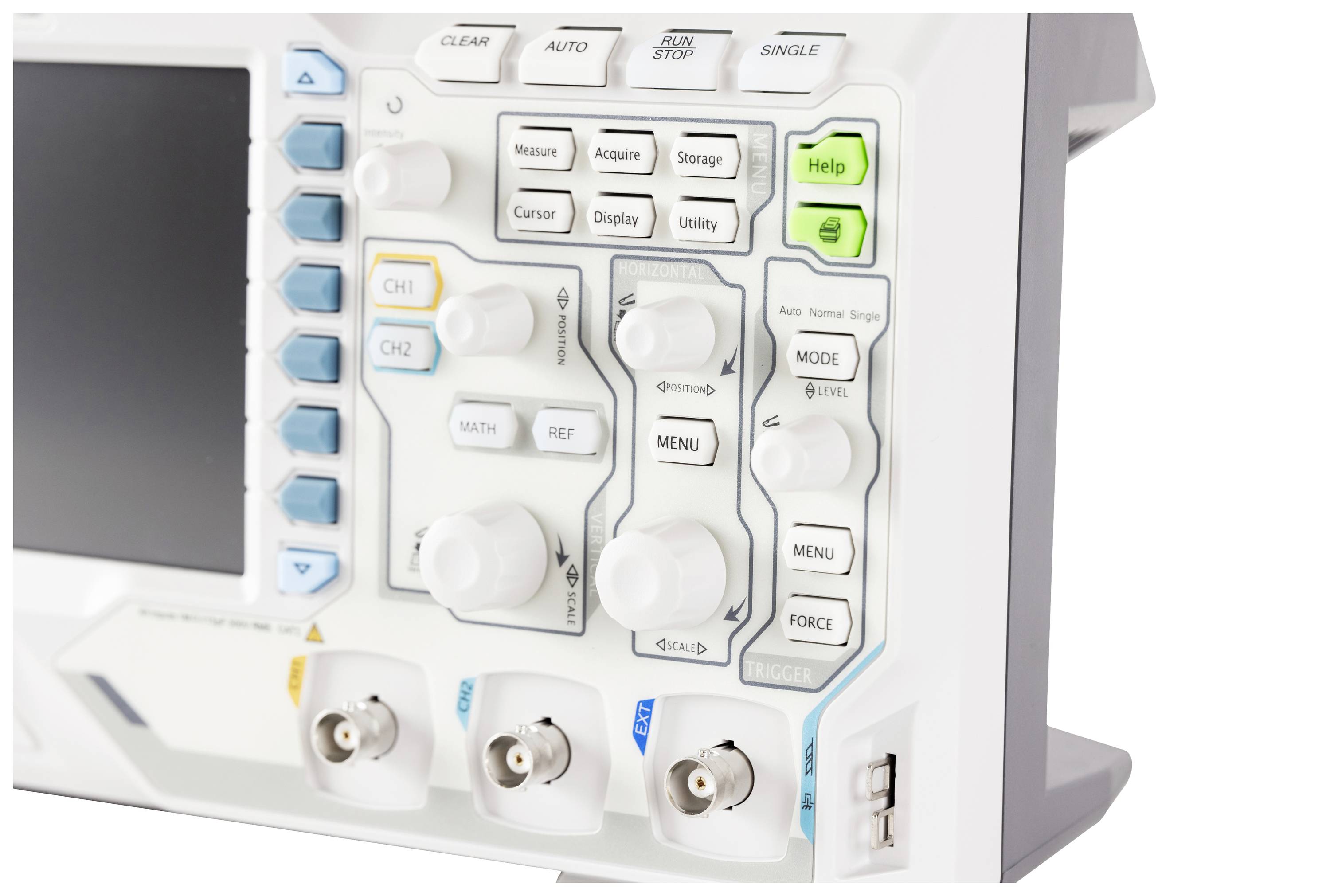 Un oscilloscope avec plusieurs boutons et connexions, dont CH1, CH2 et Menu. Il montre les commandes de l'appareil et les options d'entrée.