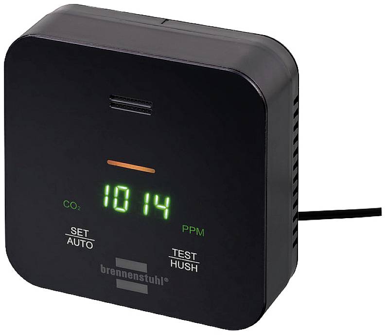 Un moniteur de CO2 noir affiche la valeur '1014 PPM' sur un écran vert. En bas se trouvent les touches 'SET', 'AUTO', 'TEST' et 'HUSH'.