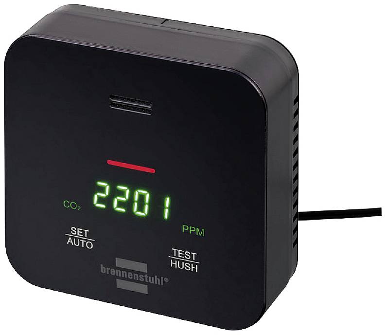Un appareil de mesure du CO₂ noir affiche '2201 PPM' sur un écran numérique. Des touches 'SET AUTO' à gauche et 'TEST HUSH' à droite sont visibles.