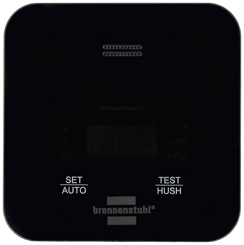 Appareil noir rectangulaire avec affichages numériques et deux boutons : « SET AUTO » et « TEST HUSH ». Marque « brennenstuhl ».