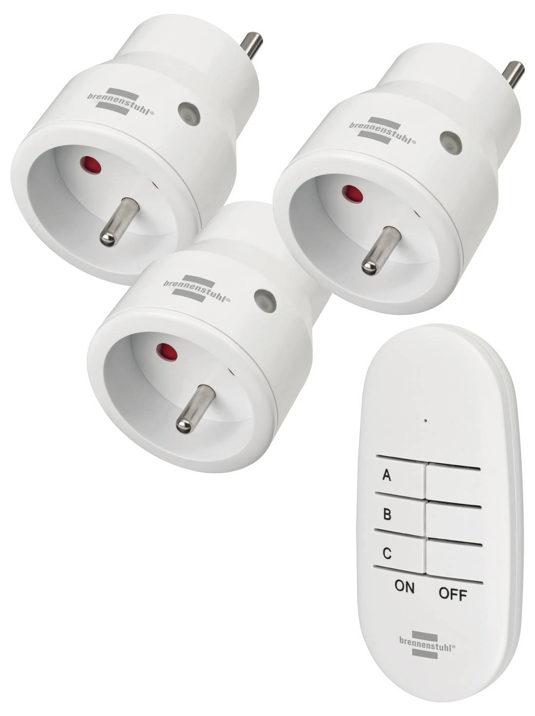 Trois récepteurs de prise sans fil enfichables et une télécommande avec des boutons A, B, C, ON et OFF pour contrôler les appareils à distance.