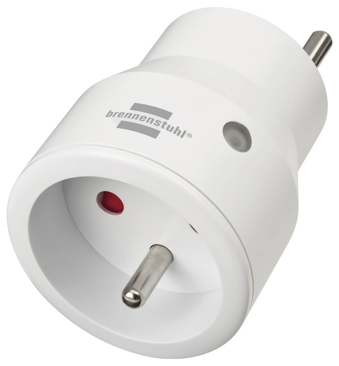 Adaptateur enfichable Brennenstuhl blanc avec deux broches métalliques rondes et un petit voyant lumineux rouge