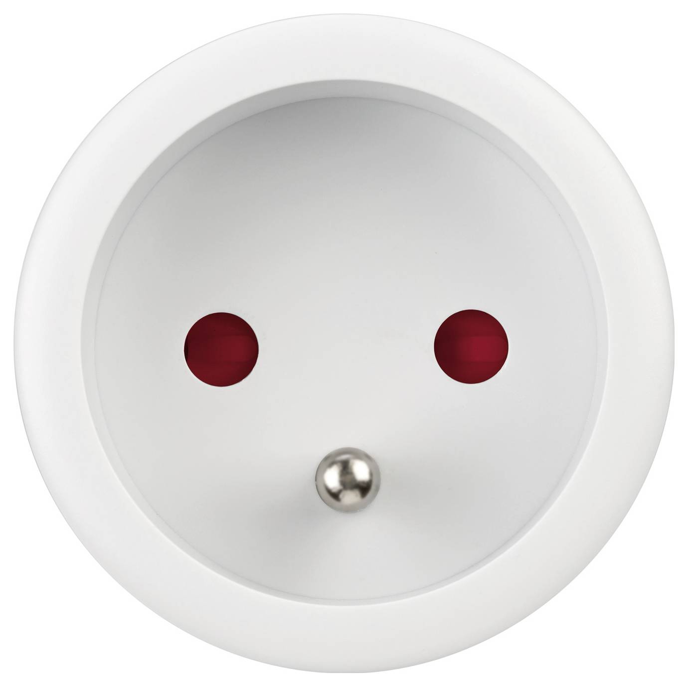 Gros plan d'une face de prise électrique ronde blanche avec deux trous de socket rouges et une broche de mise à la terre centrée.