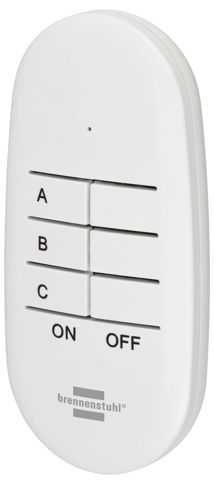 Télécommande sans fil blanche avec trois boutons étiquetés A, B et C, et des commandes ON/OFF en bas.