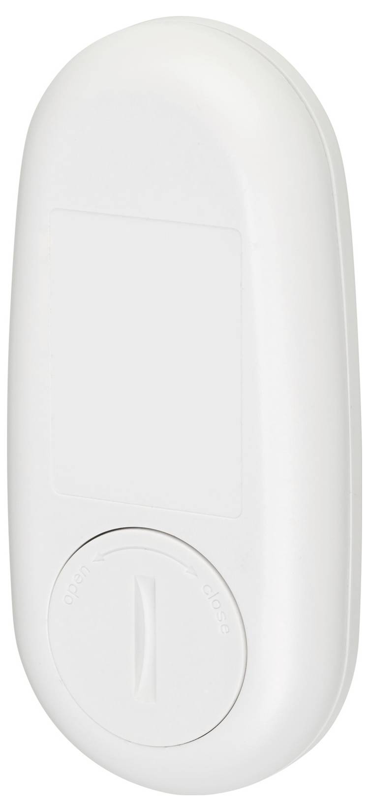 Appareil médical ovale blanc avec un grand cadran circulaire en bas et un panneau rectangulaire au-dessus, présenté sur un fond neutre.