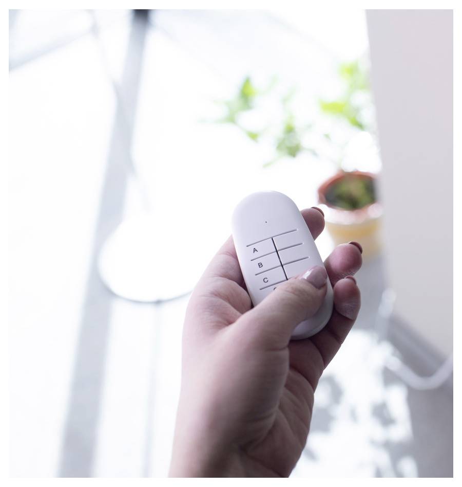 Main tenant une télécommande blanche avec des boutons A, B et C près d'une fenêtre lumineuse et d'une petite plante en pot.
