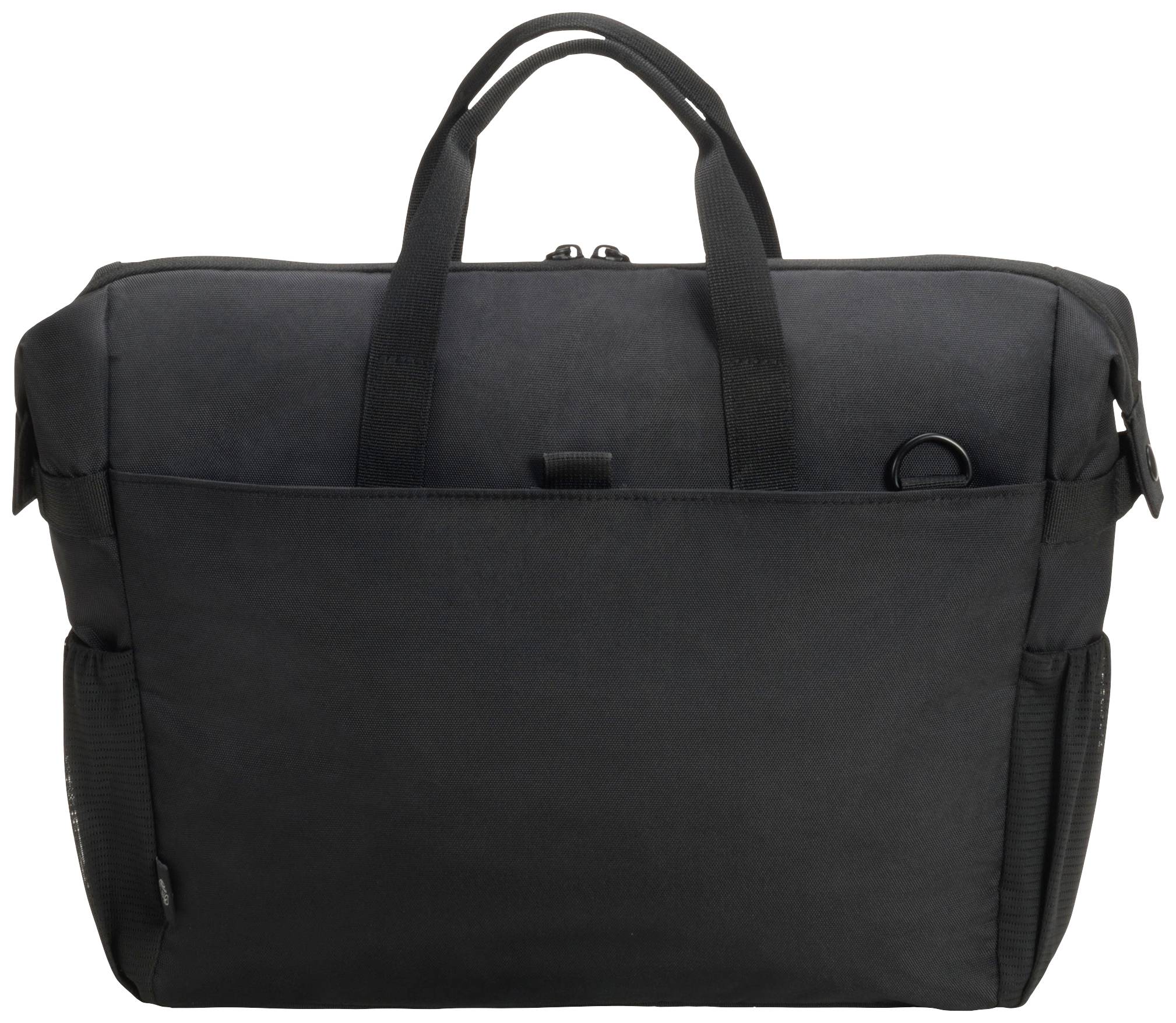 Un sac pour ordinateur portable noir avec deux poignées et une fermeture éclair. Il dispose d'une poche extérieure à l'avant et de poches latérales.