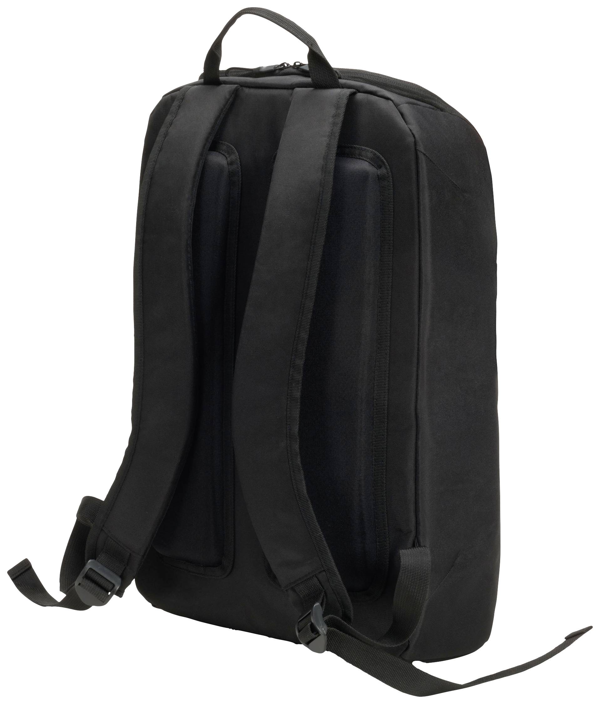 Un sac à dos noir avec deux bretelles et une poignée de transport en haut, vu de dos.