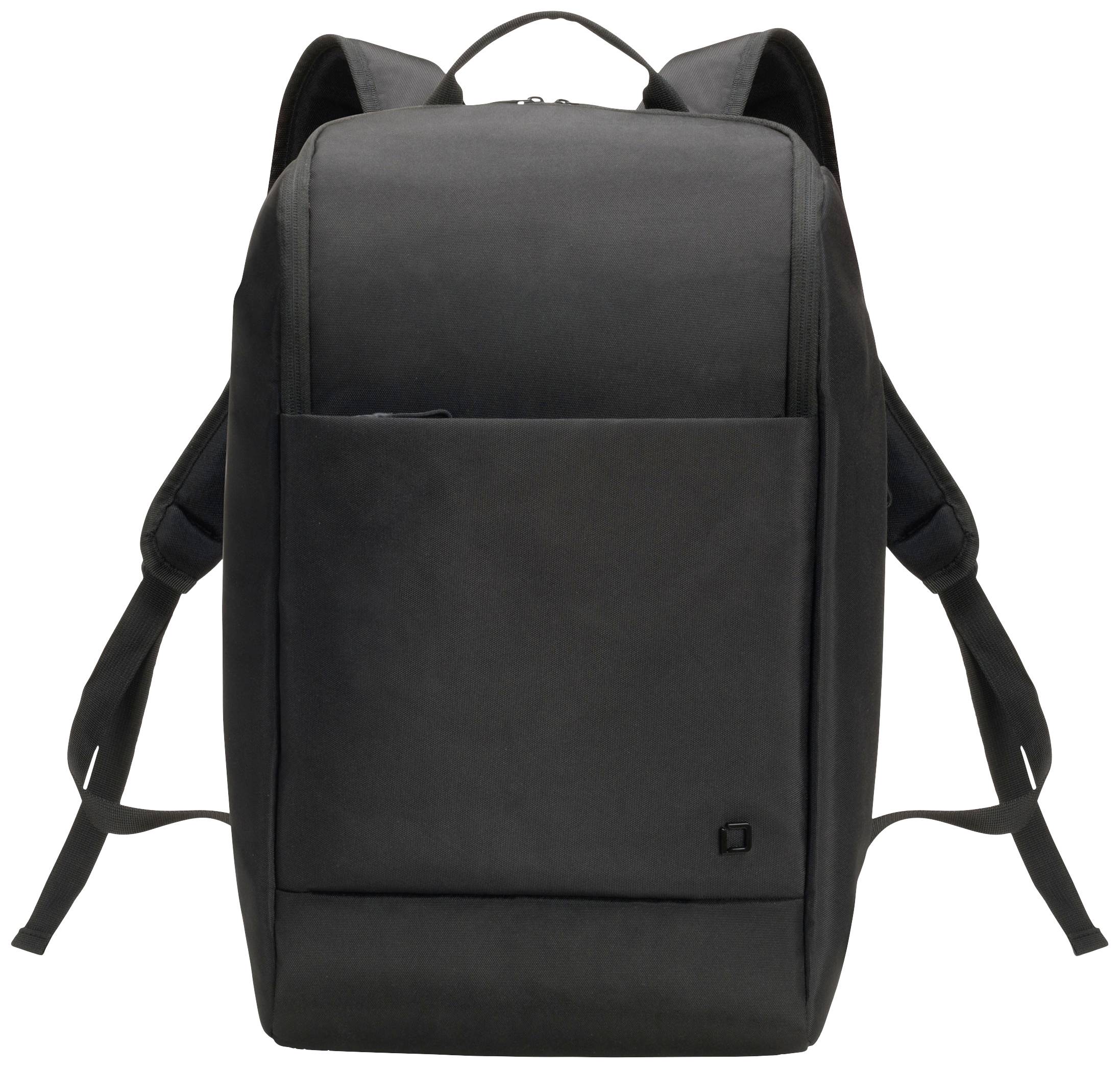 Sac à dos noir au design épuré, avec des sangles larges et une grande poche avant plaquée.