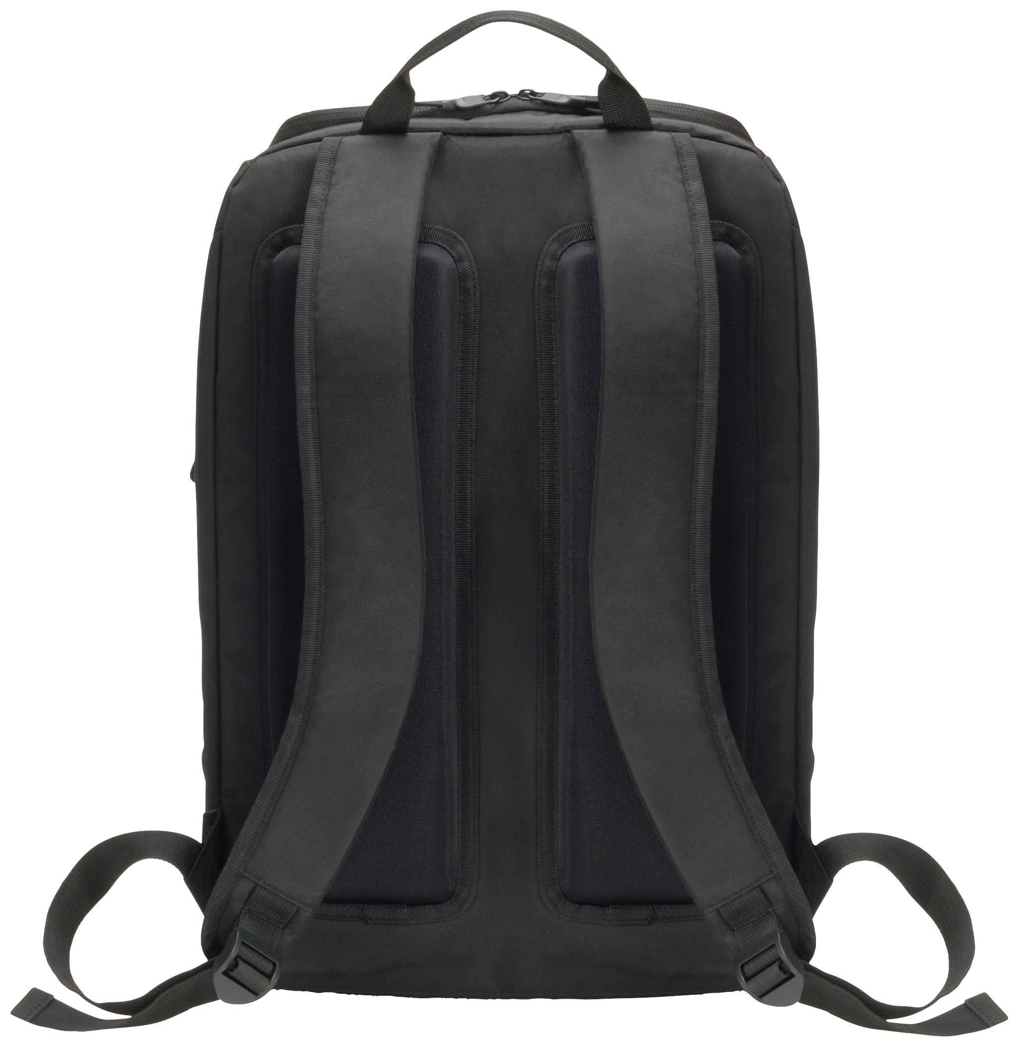 Sac à dos noir, vue de dos, avec des sangles d'épaules rembourrées. Idéal pour le transport des ordinateurs portables et des objets du quotidien.