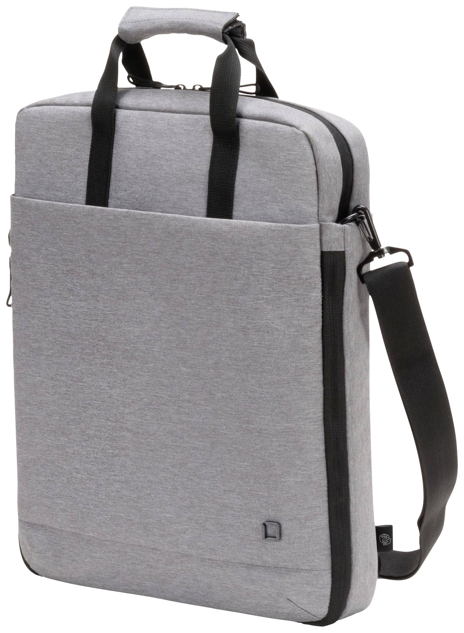 Sacoche grise pour ordinateur portable avec poignée de transport, bandoulière réglable et fermetures à glissière. Adaptée au transport sécurisé des appareils électroniques.