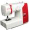 Machine à coudre blanche et rouge portant l'inscription 'VERITAS Marie'. Comprend un cadran pour régler la longueur et la largeur des points.