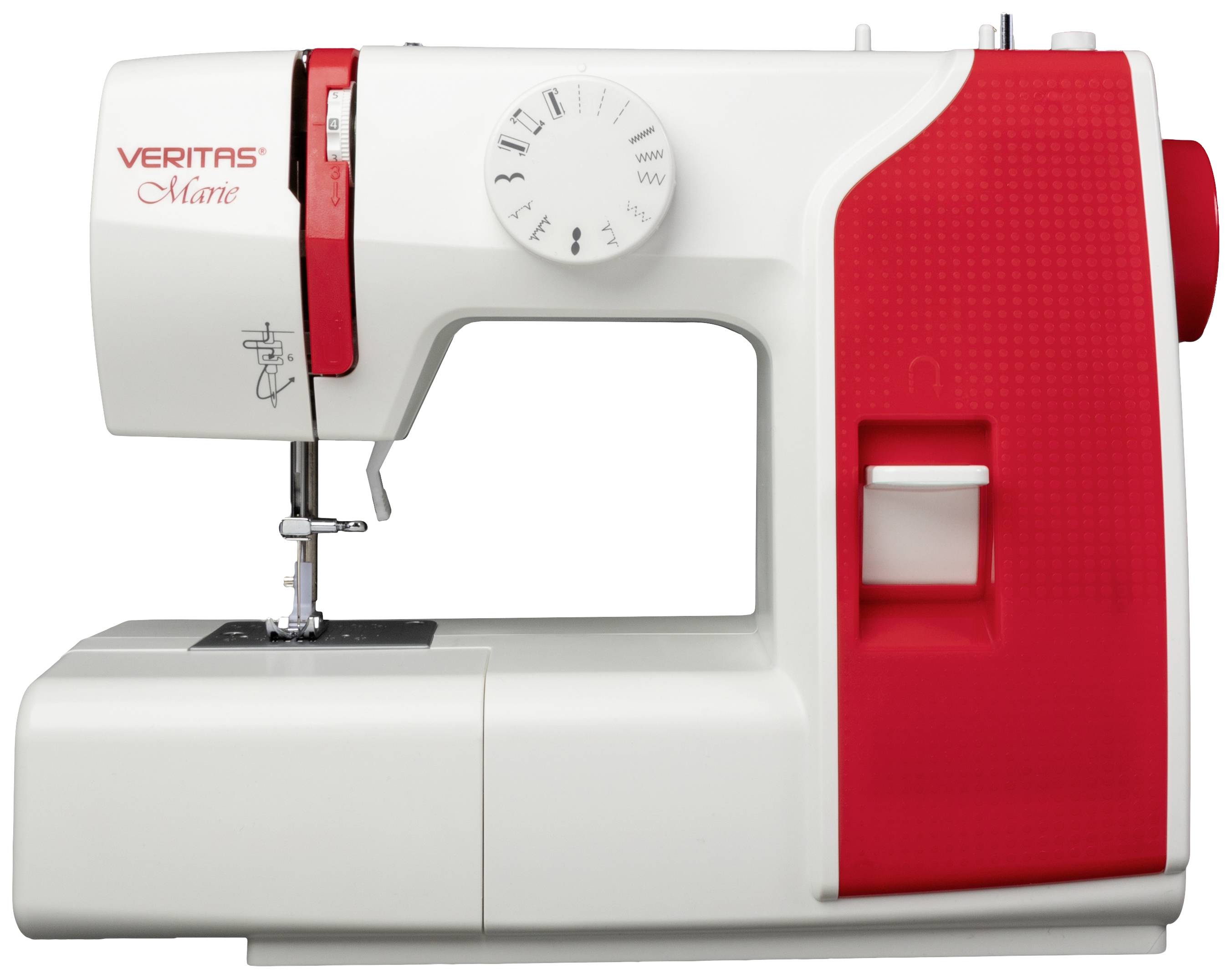 Machine à coudre blanche avec des accents rouges, bouton rotatif pour la sélection des points et logo 'Veritas Marie' sur la façade avant.