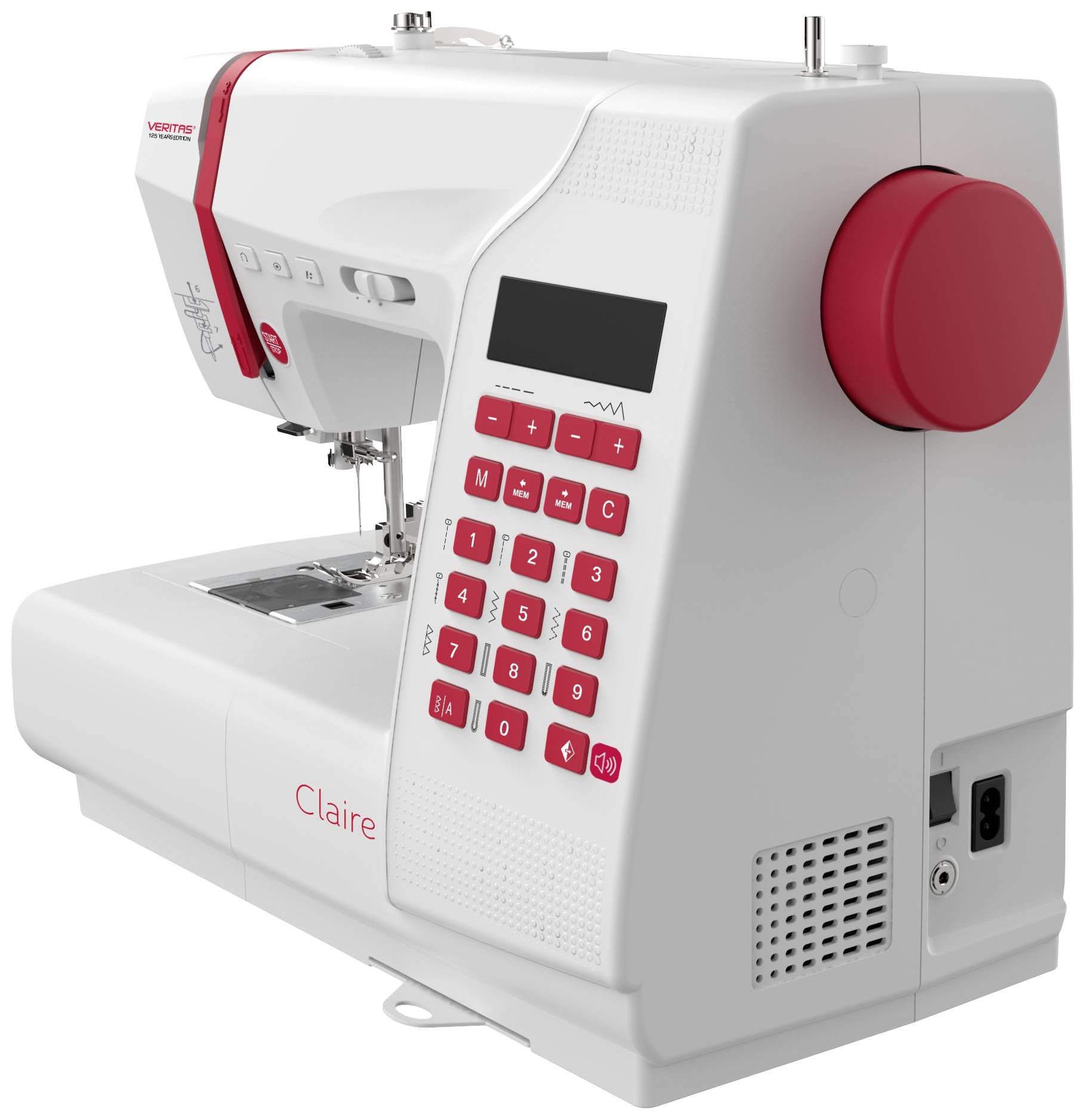 Machine à coudre électrique avec champ numérique rouge et affichage digital. Marquée 'Claire', adaptée à divers travaux de couture.