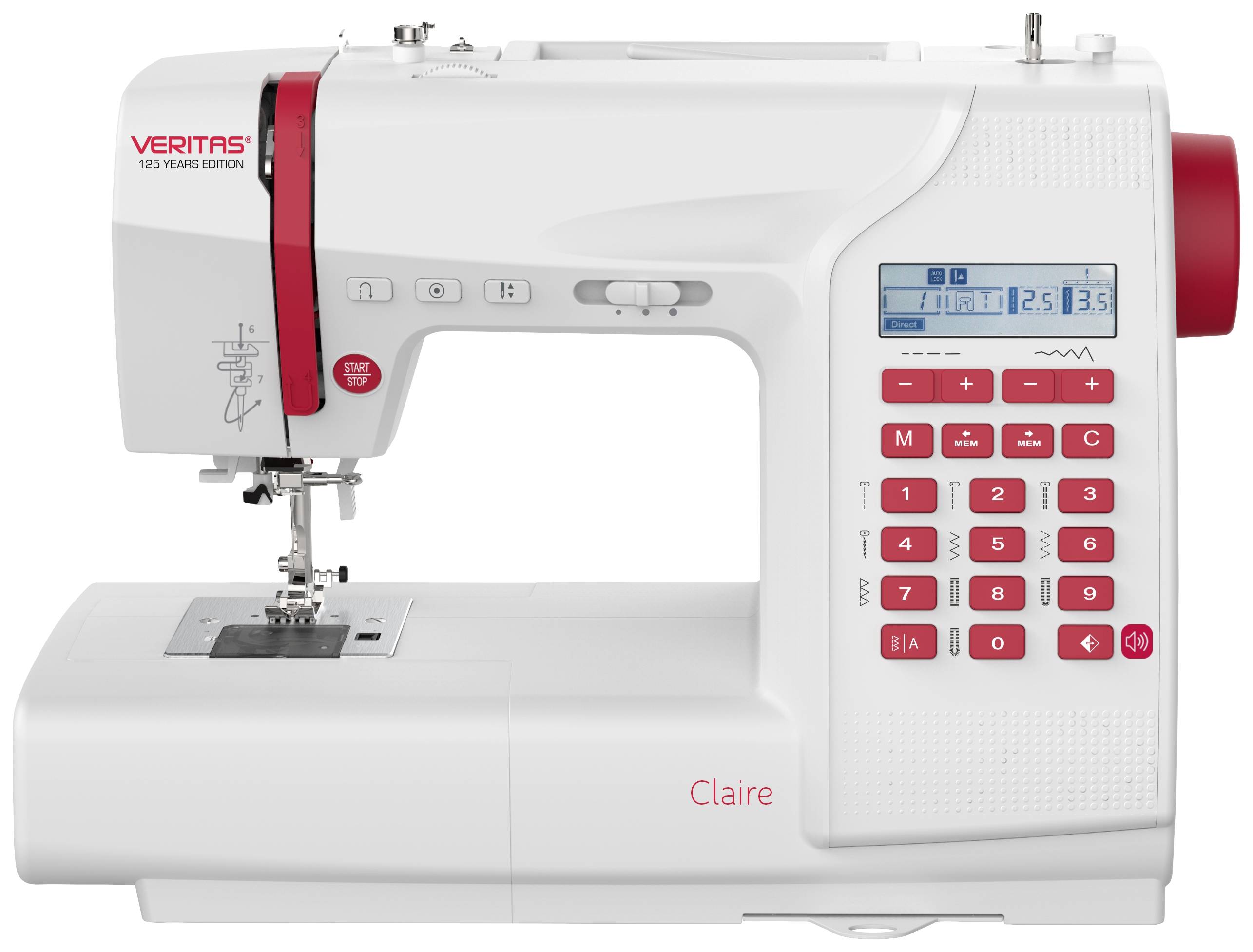Machine à coudre blanche avec des accents rouges. Affichage numérique et pavé de touches pour le contrôle des fonctions.