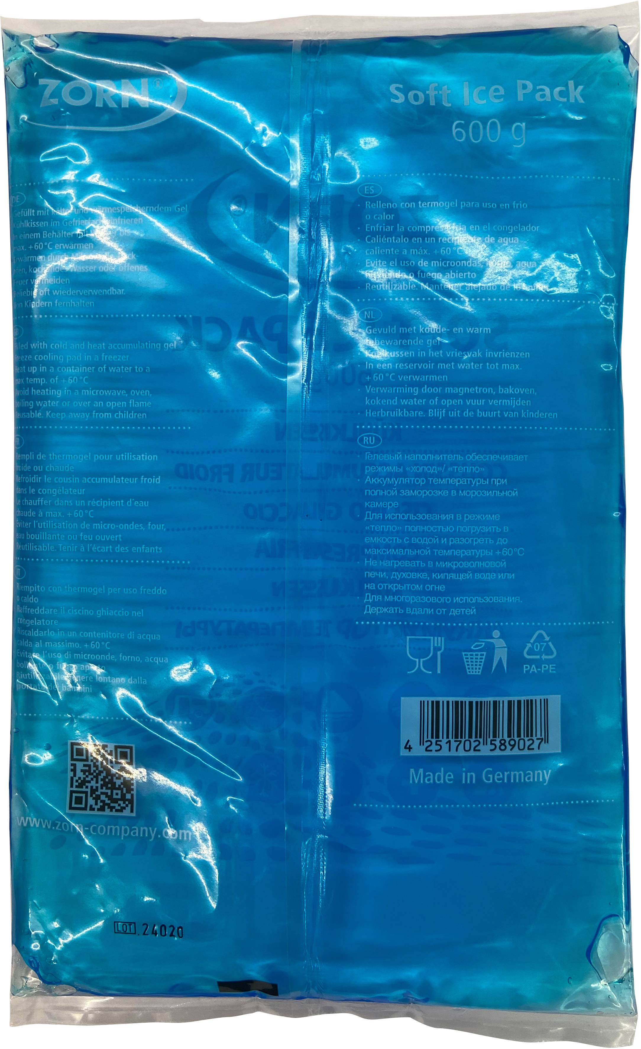 Pack de refroidissement bleu avec impression textile, code-barres inclus et mention 'Made in Germany'.