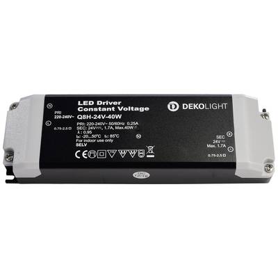 Un pilote LED de Deko-Light avec numéro de modèle QBH-24V-40W. Tension primaire 220-240V, tension secondaire 24V à 1,7A, max. 40W.
