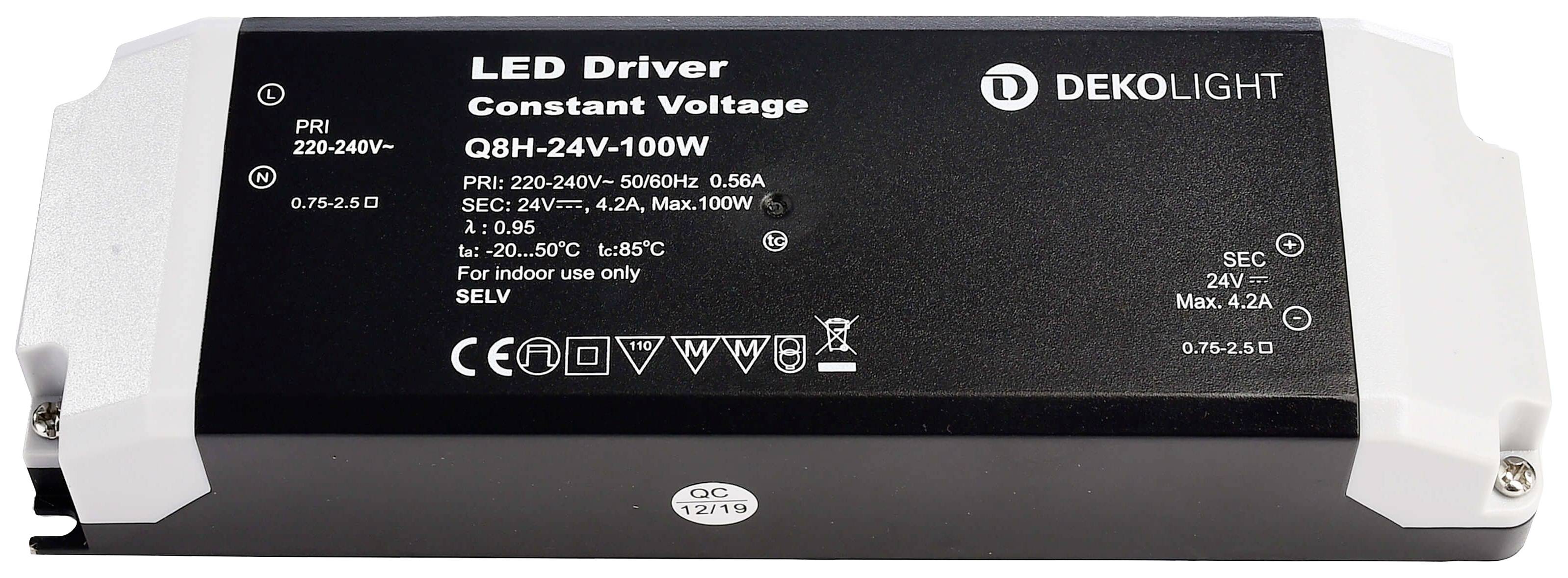 Pilote LED de Dekolight pour tension constante. Modèle QBH-24V-100W, entrée 220-240V, sortie 24V/4,2A, max. 100W. Adapté pour les espaces intérieurs.