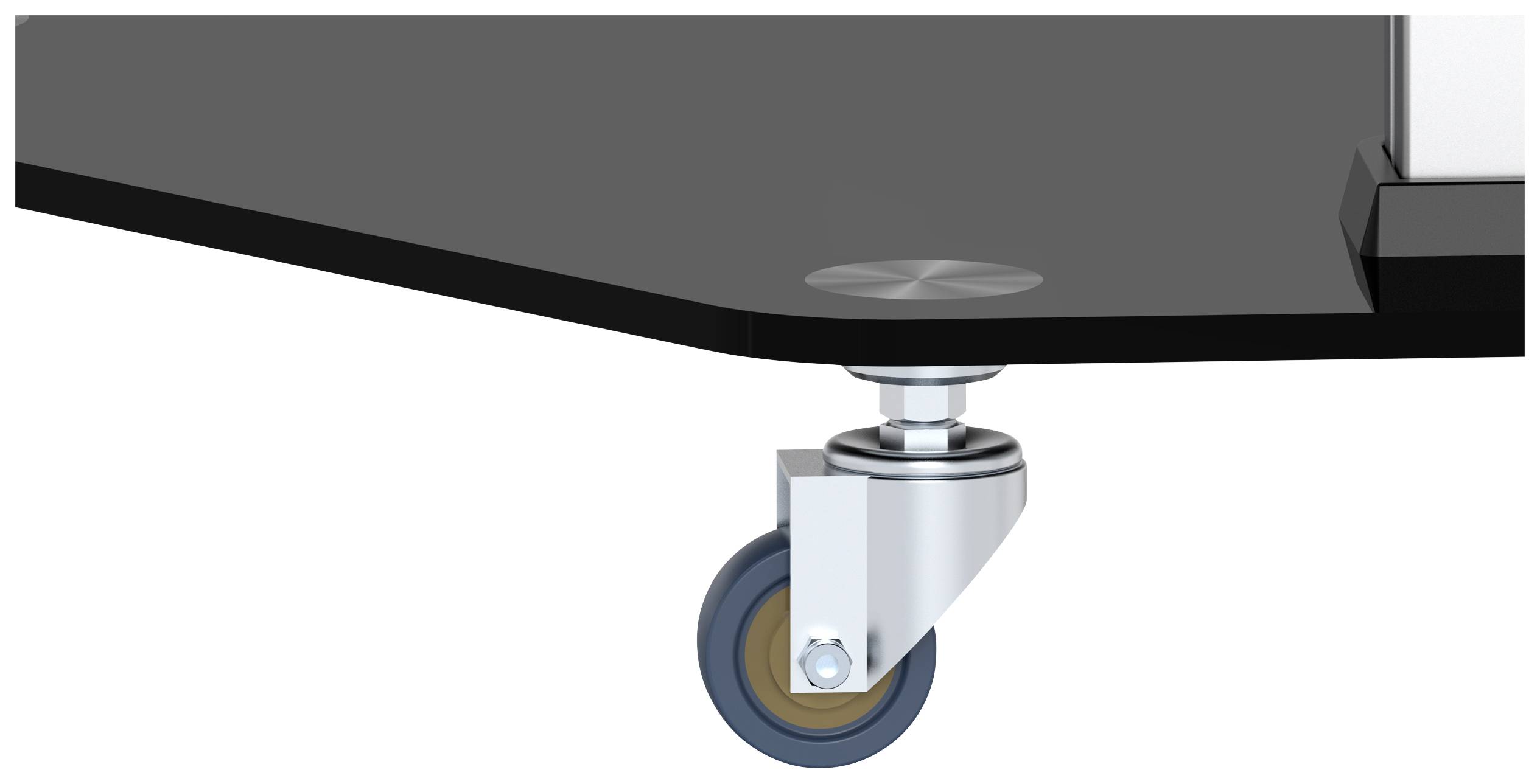 Gros plan sur un rouleau orientable fixé à une table, permettant un mouvement flexible. Le rouleau est fabriqué en métal et en caoutchouc.