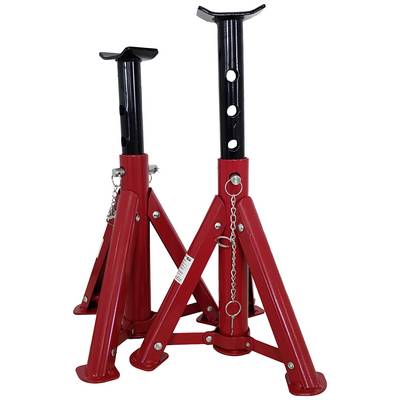 Deux tréteaux de support rouges avec tige télescopique noire et chaîne de sécurité, conçus pour la stabilisation de véhicules.