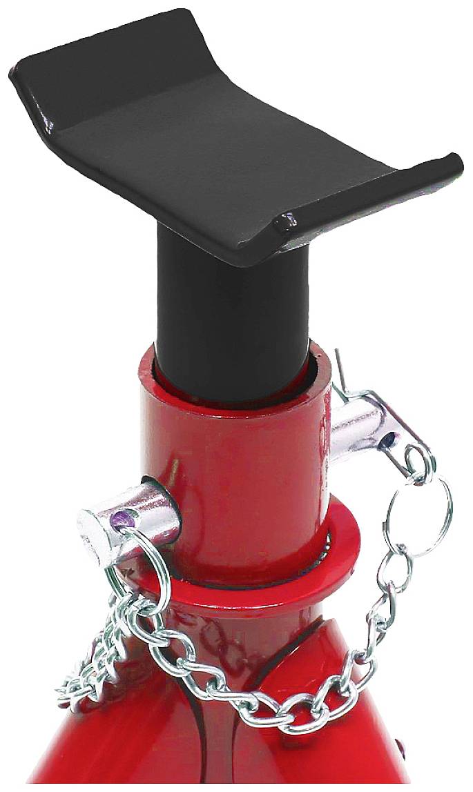 Cric rouge avec plateau de support noir et chaîne de sécurité, utilisé pour stabiliser des véhicules.