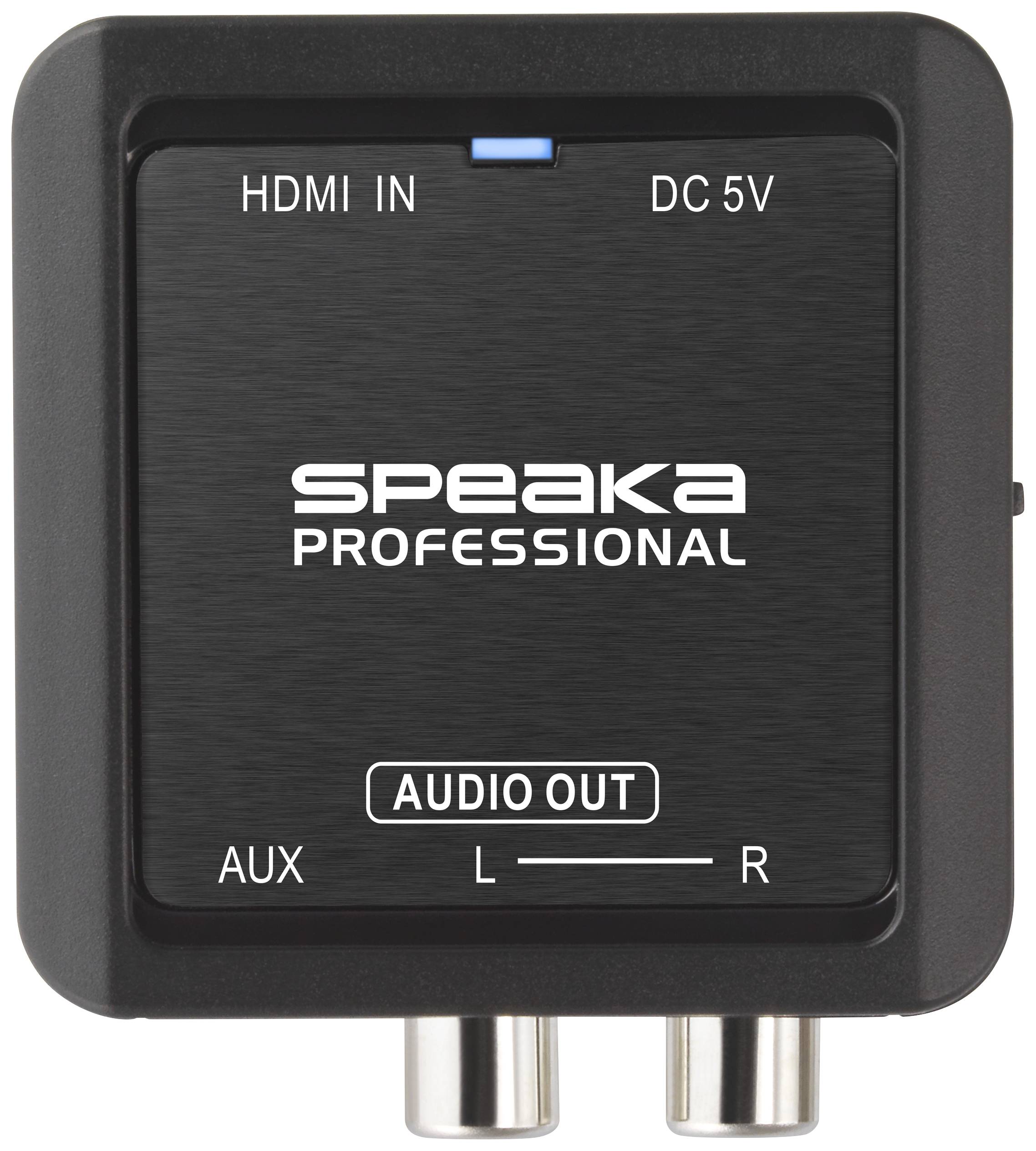 Convertisseur audio professionnel Speaka avec entrée HDMI, DC 5V, AUX, sortie audio et connexions L/R.