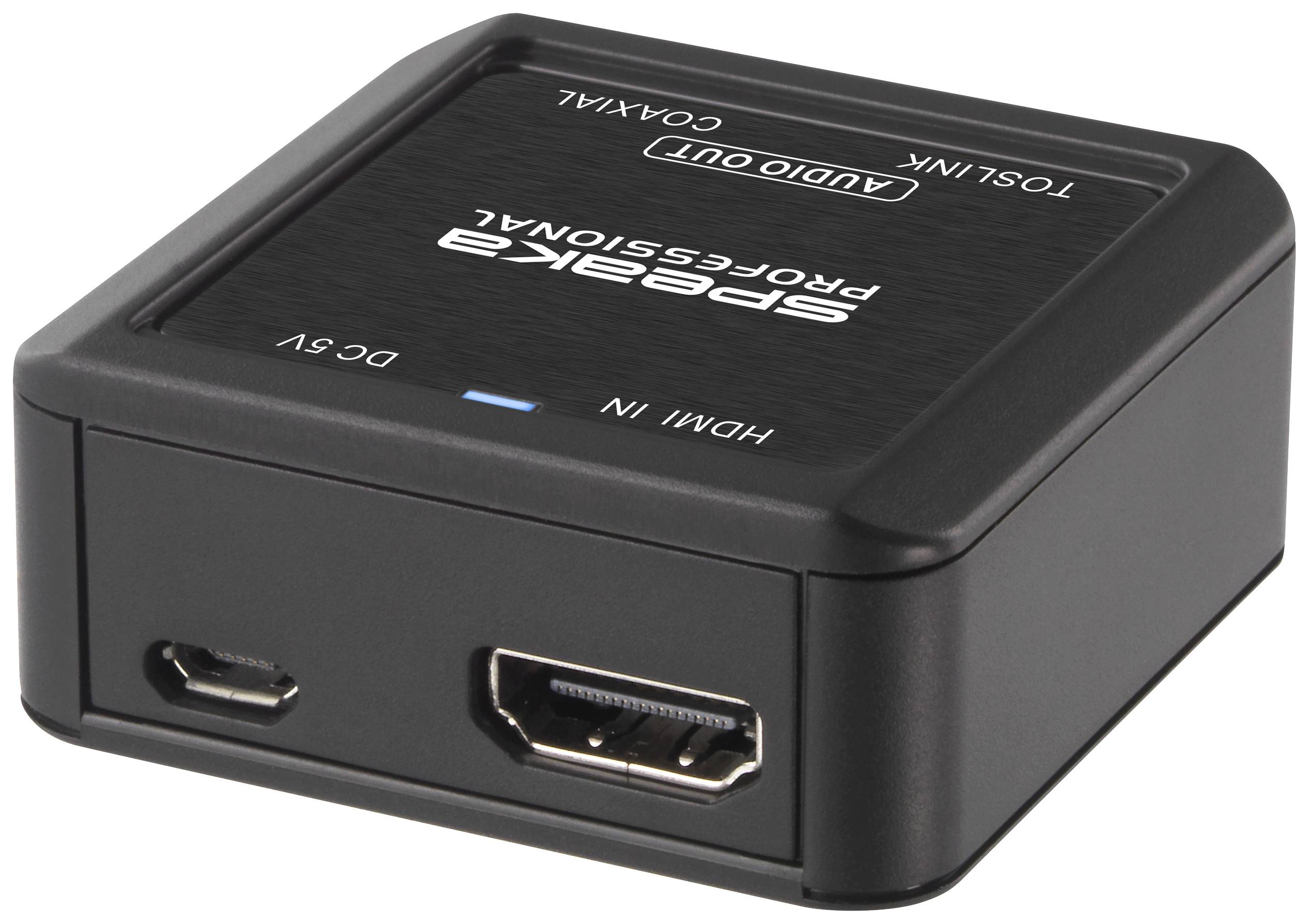 Convertisseur HDMI vers audio noir avec connexions HDMI, Toslink et câble coaxial. Nom de marque 'S-PEAKA Professional' sur le dessus.