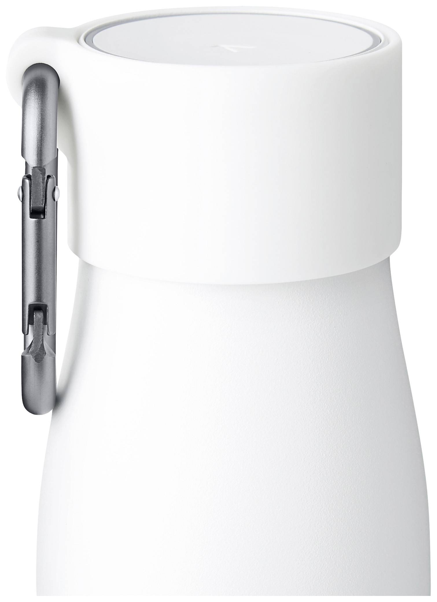 Bouteille isotherme blanche avec mousqueton gris sur le couvercle.