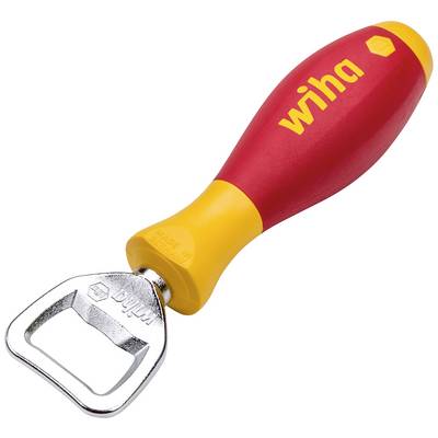 Ouvre-bouteille avec une poignée rouge et jaune, portant le nom de marque 'wiha' imprimé dessus.