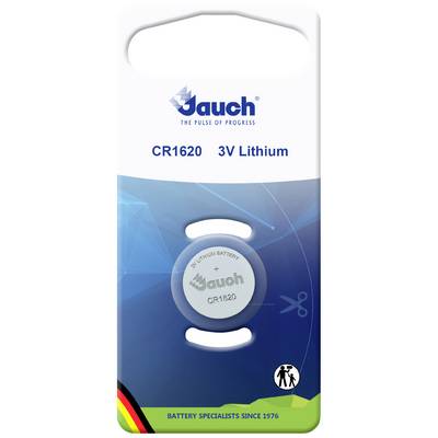 Emballage de la pile lithium Jauch CR1620 3V. Contient un avertissement de sécurité pour les enfants. L'étiquette indique un spécialiste des batteries depuis 1976.
