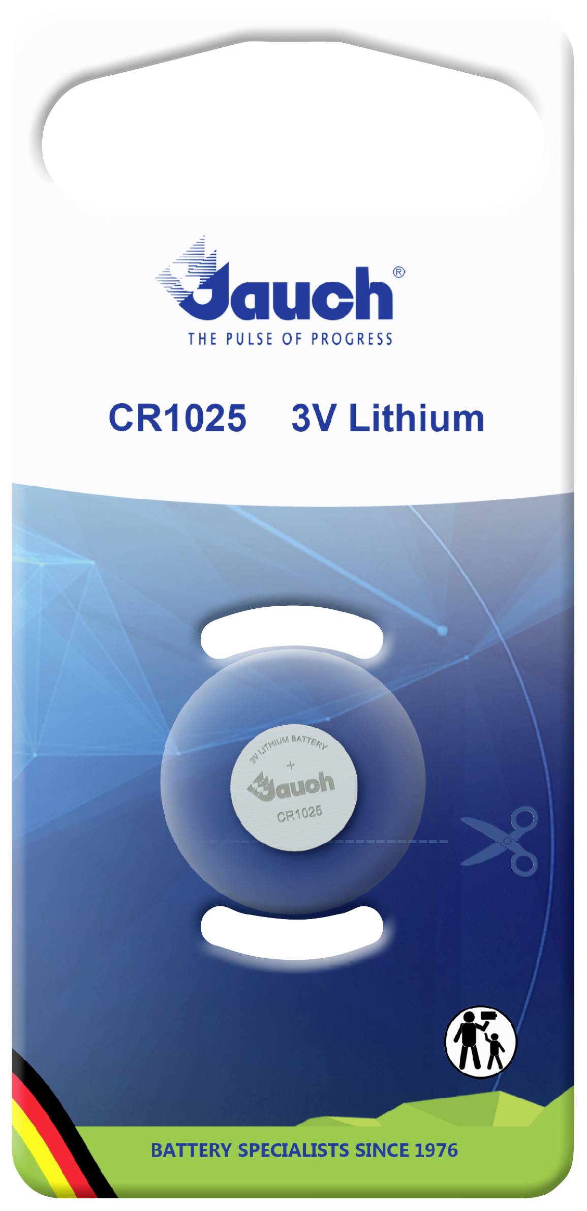 Pile bouton lithium CR1025 3V sur un fond bleu marqué. Nom du fabricant en haut, interface iconique en bas à droite.