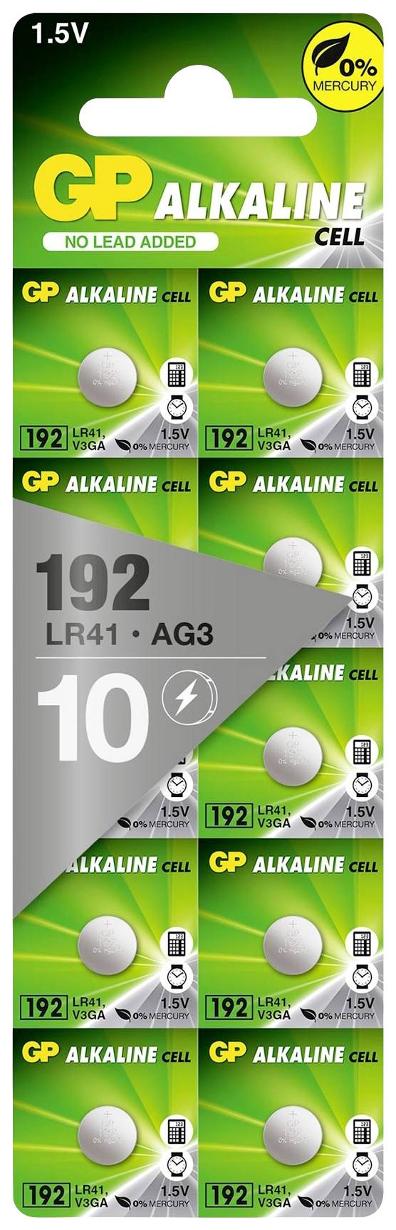 Blister de dix piles bouton alcalines GP, 1,5V, modèle LR41 (AG3). Indication en haut : '0% Mercure'.