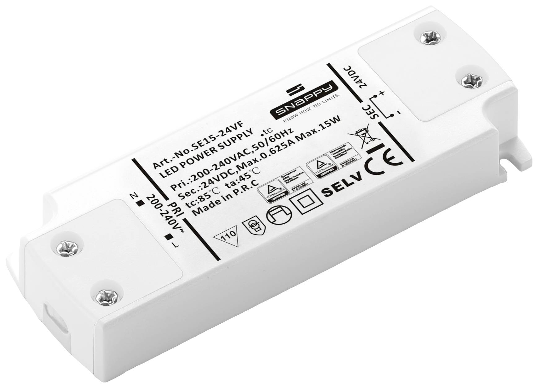 'Pilote LED, modèle SNAPPY, réf. SE15-24VF, 30W, plage d'entrée 100-240V AC, sortie 12V DC, adapté aux applications intérieures.'